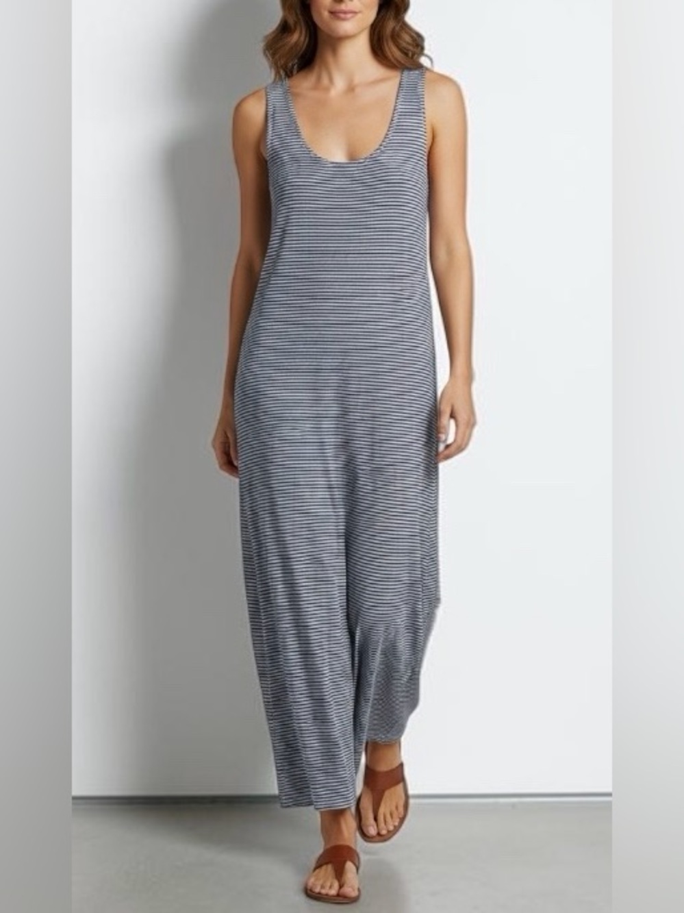 bryn Walker Sleeveless Navy and Lavender Striped Maxi Dress